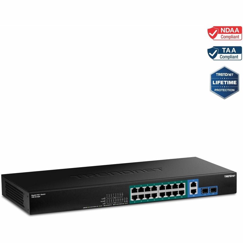 TRENDnet 18-Port Gigabit High Power Poe+ Switch; 16 X Gigabit Poe+ Ports; 2 X Shared Gigabit Ports; 36Gbps Switching Capacity; 440W PoE Power Budget; TPE-TG182F - Thumbnail 1