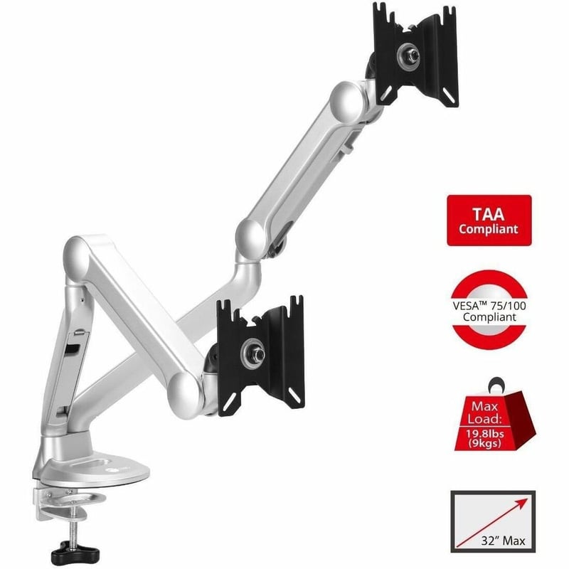 SIIG MTPRO Desk Mount Dual Gas Spring Monitor Arm - up to 32" Display - Max. Load 19.8 lbs - VESA 75 & 100mm - Thumbnail 1