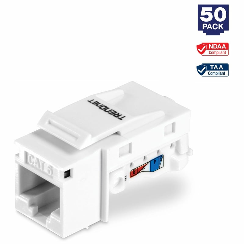 TRENDnet Cat6 Keystone Jack 50-Pack Bundle, TC-K50C6, Compatible with Cat5/Cat5e/Cat6 Cabling Cat6 RJ45 Keystone Jacks, Use with the TC-KP24 or TC-KP48 Blank Keystone Patch Panels (Sold Separately) - Thumbnail 1