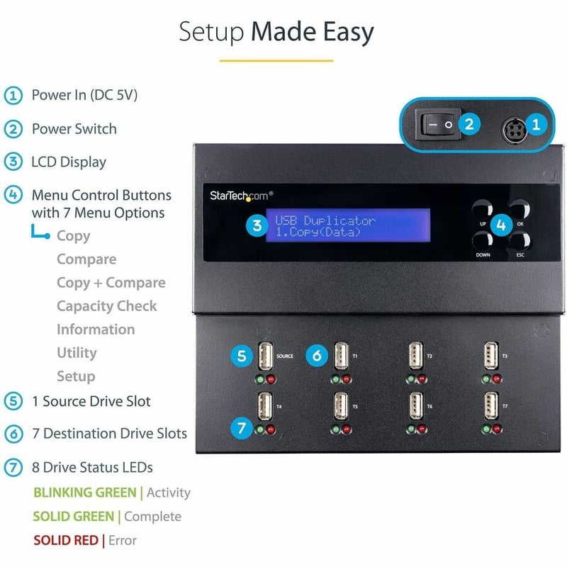 StarTech.com Standalone 1 to 7 USB Thumb Drive Duplicator/Eraser, Multiple USB Flash Drive Copier/Cloner, Sector-by-Sector Copy, Sanitizer - Thumbnail 4