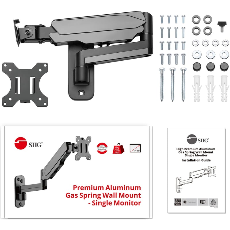 High Premium Aluminum Gas Spring Wall Mount - Single Monitor 17" to 34" - Thumbnail 2