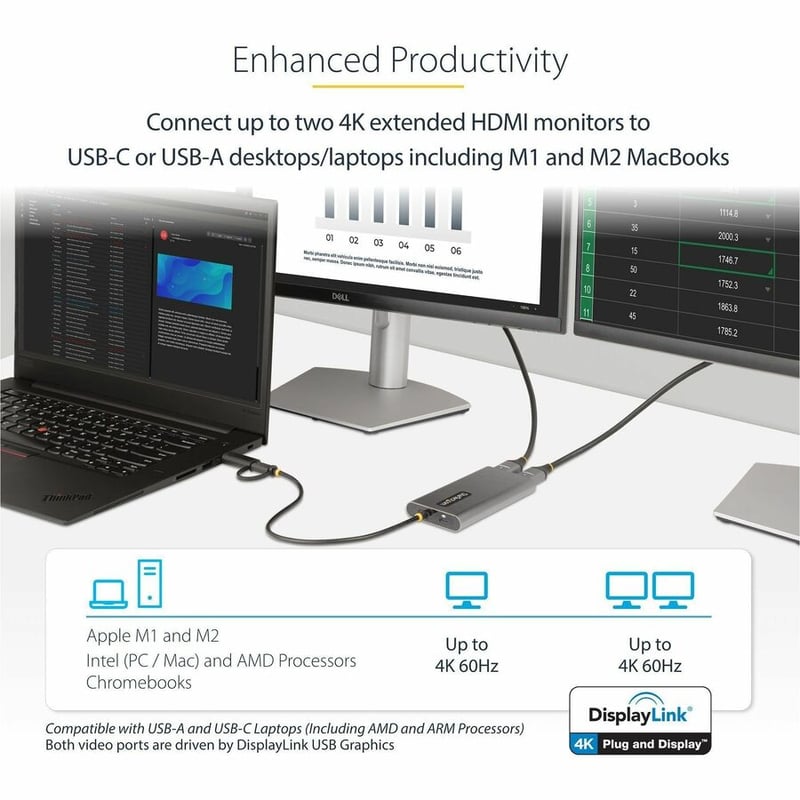 StarTech.com USB-C to Dual-HDMI Adapter, USB-C/A to 2x HDMI, 4K 60Hz, 100W PD Pass-Through, 1ft/30cm Built-in Cable, USB to HDMI Converter - Thumbnail 2