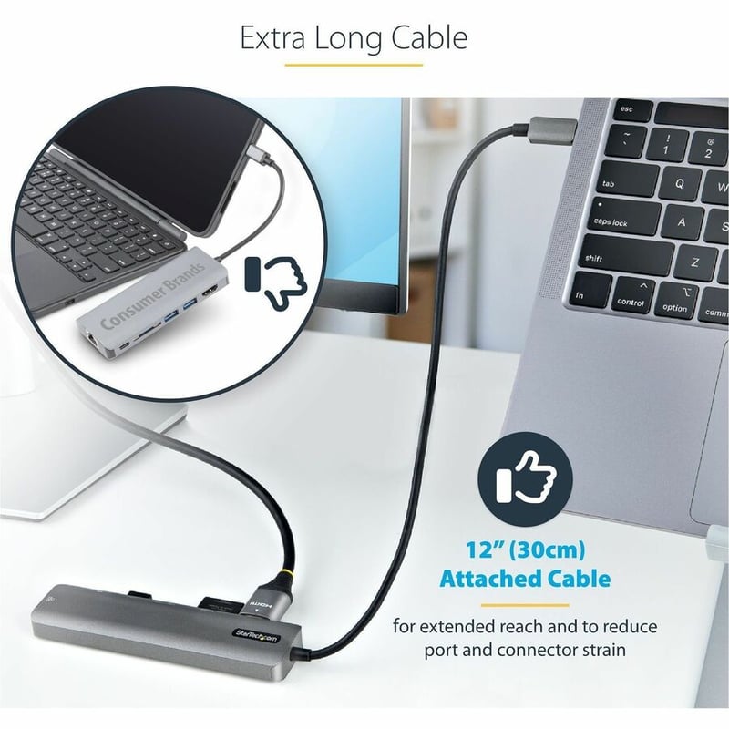 StarTech.com USB C Multiport Adapter, USB-C to 4K 60Hz HDMI 2.0, 100W PD Pass-through, SD, USB, GbE, USB Type-C Mini Dock, 12" Long Cable - Thumbnail 4