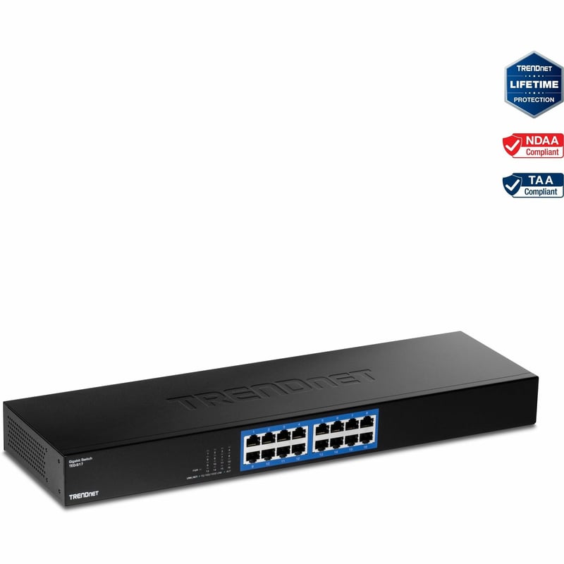 TRENDnet 16-Port Gigabit Switch, TEG-S17, 16 x Gigabit RJ-45 Ports, 32Gbps Switching Capacity, Fanless Design, Metal Enclosure, Internal Power Supply, Lifetime Protection, Black - Thumbnail 1