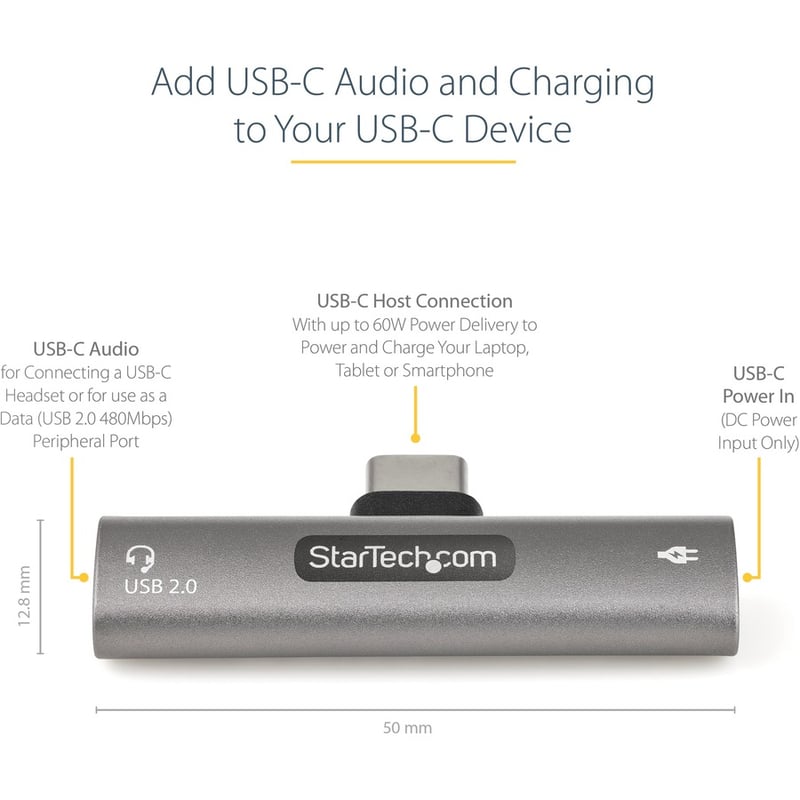 StarTech.com USB C Audio & Charge Adapter, USB-C Audio Adapter, USB C Audio Headset Port and USB Type-C PD Charger, For USB-C Phone/Tablet - Thumbnail 2