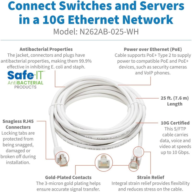 Eaton Tripp Lite Series Safe-IT Cat6a 10G Snagless Antibacterial S/FTP Ethernet Cable (RJ45 M/M), PoE, White, 25 ft. (7.62 m) - Thumbnail 2