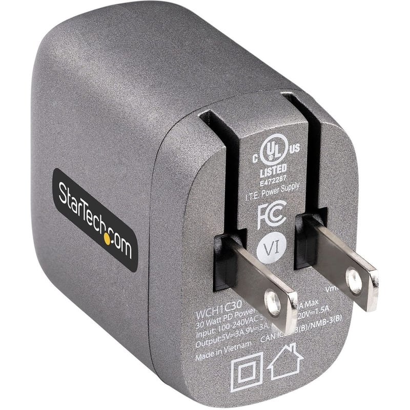 StarTech.com 30W USB-C Wall Charger, Portable GaN Charger w/ USB Power Delivery Fast Charging, USB-IF Certified, 6ft Cable, USB-C Charger - Thumbnail 4