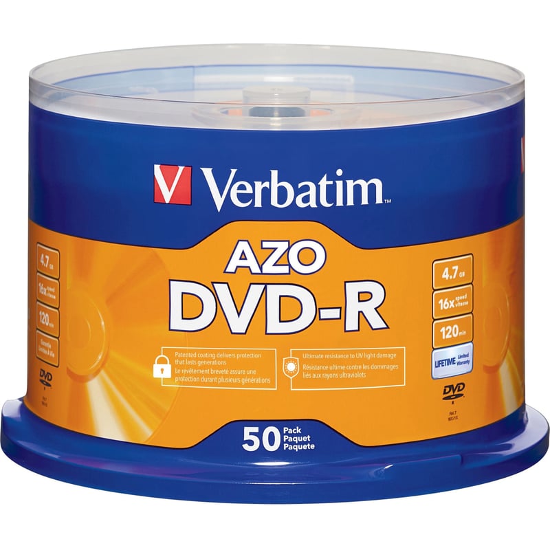 Verbatim AZO DVD-R 4.7GB 16X with Branded Surface - 50pk Spindle - Thumbnail 1