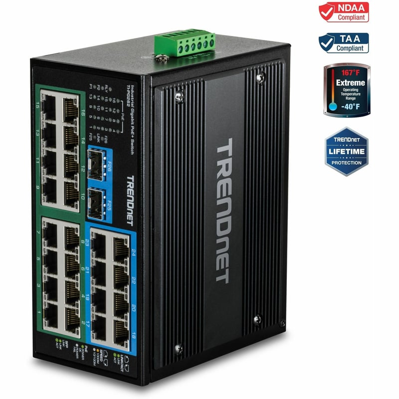 TRENDnet 26-Port Hardened Industrial Unmanaged Gigabit DIN-Rail Switch, TI-PG262, 16 x Gigabit PoE+ Ports, 8 x Gigabit RJ-45 Ports, 2 x SFP Ports, IP30, Lifetime Protection, Black - Thumbnail 1