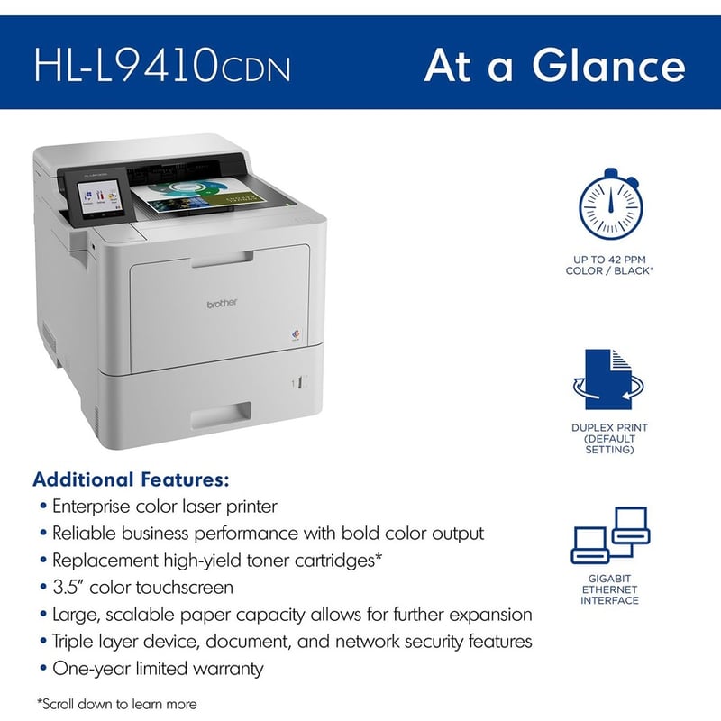 Brother HL-L9410CDN Enterprise Color Laser Printer with Fast Printing, Large Paper Capacity, and Advanced Security Features - Thumbnail 4