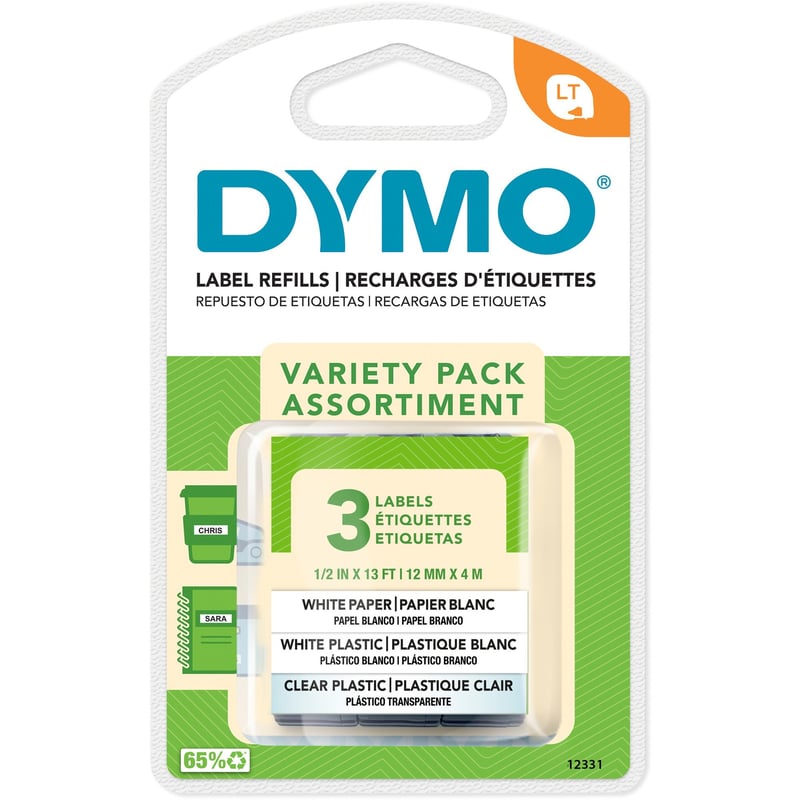 LETRA TAG 3 PAK TAPE, 1/2 X 13, 1 WHITE PAPER TAPE, 1 WHITE PLASTIC, 1 CLEAR PLA - Thumbnail 1