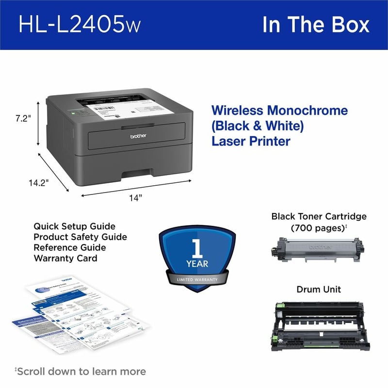 Brother Wireless HL-L2405W Compact Monochrome Laser Printer, Mobile Printing