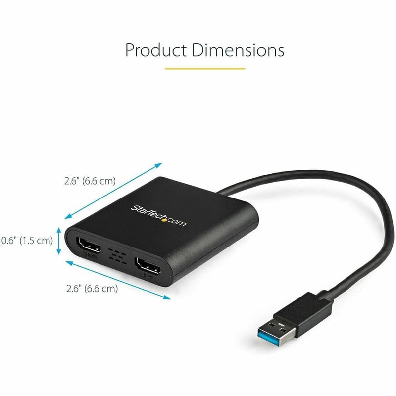 StarTech.com USB 3.0 to Dual HDMI Adapter, 1x 4K & 1x 1080p, External Graphics Card, USB Type-A Dual Monitor Display Adapter, Windows Only - Thumbnail 2