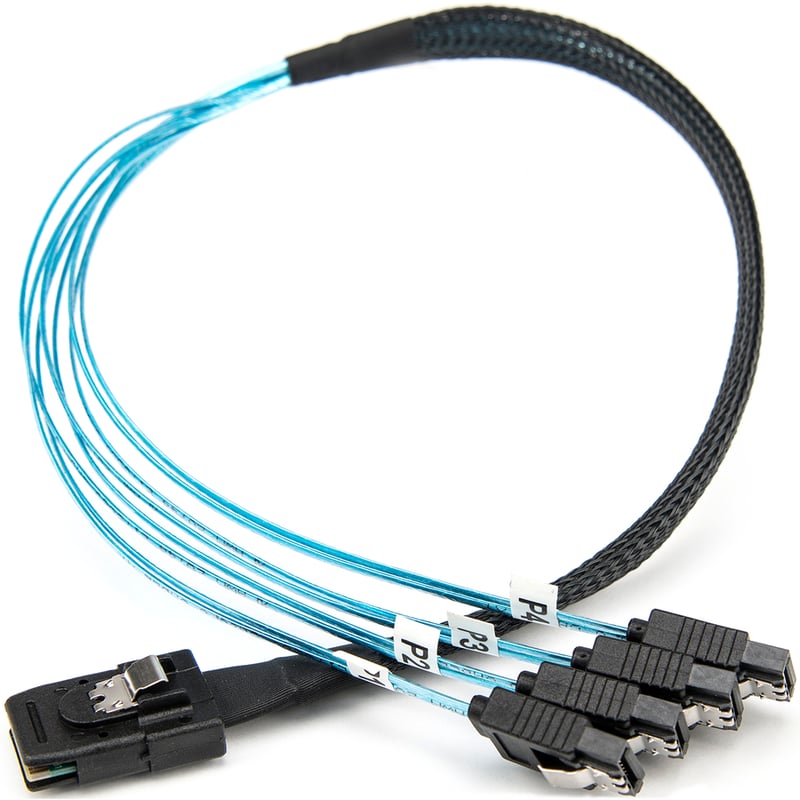Rocstor Premium 20in Serial Attached SCSI SAS Cable - SFF-8087 to 4x Latching SATA - SAS/SATA for Hard Drive - 20in / 50cm - 1 Pack - SFF-8087 Male SAS - Male SATA - Blue SFF-8087 TO 4X SATA Cable - Thumbnail 2