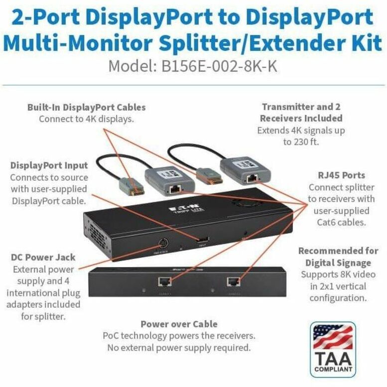 Eaton Tripp Lite Series 2-Port DisplayPort to DisplayPort Splitter/Extender Kit over Cat6, MST Hub, 8K/4K 60 Hz, DP 1.4, Up to 230 ft. (70 m), TAA - Thumbnail 4