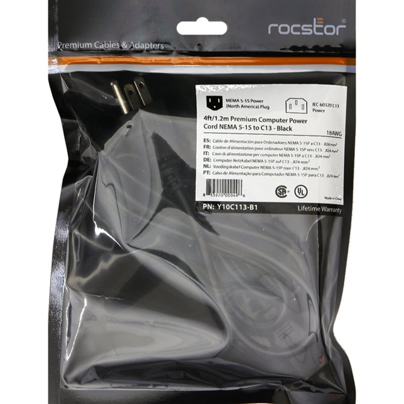 Rocstor 4ft Computer Power Cord NEMA5-15P to C13 - Thumbnail 2