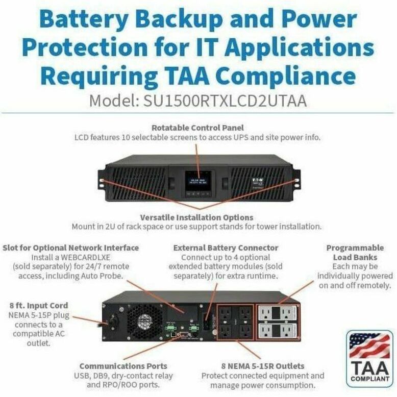 UPS SMART ONLINE 1500VA 1350W 120V 8 OUTLETS LCD USB DB9 2U TAA - Thumbnail 2