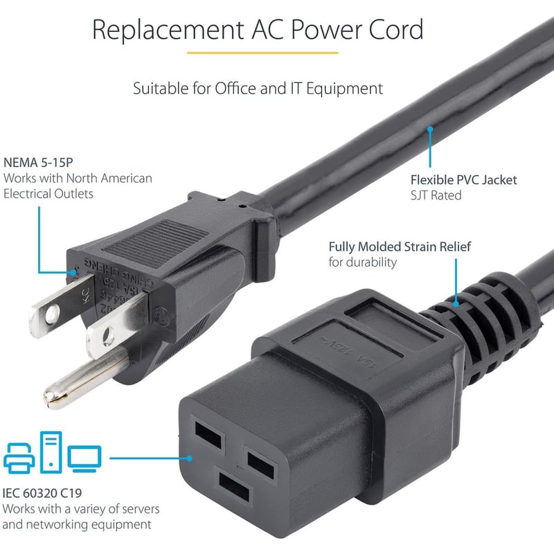 StarTech.com 10ft (3m) Heavy Duty Power Cord, NEMA 5-15P to C19, 15A 125V, 14AWG, Computer Power Cord, Heavy Gauge Power Cable - Thumbnail 2