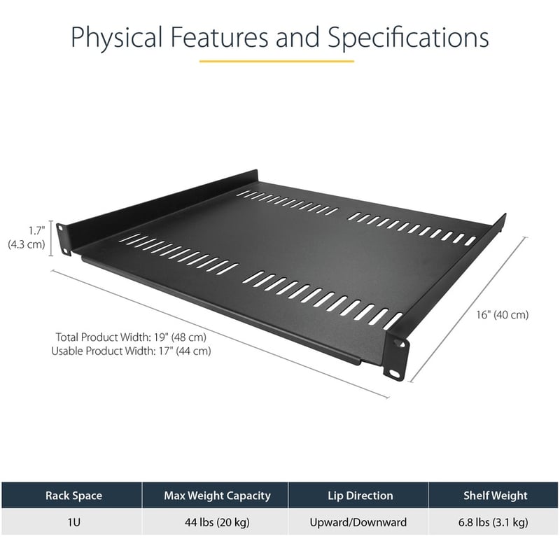 StarTech.com 1U Vented Server Rack Cabinet Shelf - Fixed 16" Deep Cantilever Rackmount Tray for 19" Data/AV/Network Enclosure w/Cage Nuts - Thumbnail 3