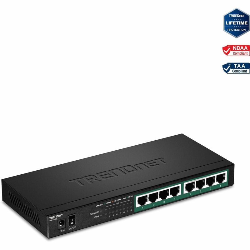 TRENDnet 8-Port Gigabit PoE+ Switch, 65W PoE Power Budget, 16Gbps Switching Capacity, IEEE 802.1p QoS, DSCP Pass-Through Support, Fanless, Wall Mountable, Lifetime Protection, Black, TPE-TG83 - Thumbnail 1