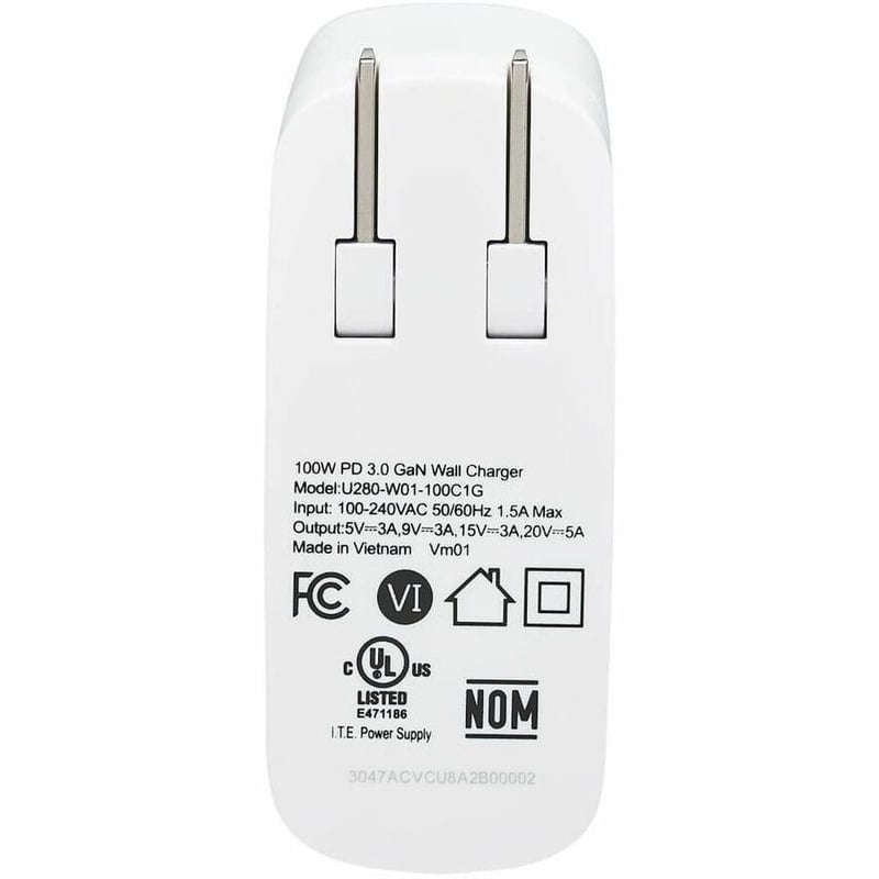 Tripp Lite by Eaton Compact 1-Port USB-C Wall Charger - GaN Technology 100W PD3.0 Charging White - Thumbnail 2