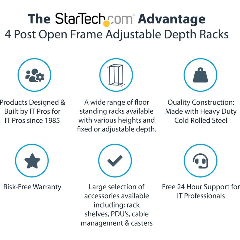 StarTech.com 4-Post 15U Mobile Open Frame Server Rack, 19" Network Rack with Casters, Rolling Rack for Computer/AV/Data/IT Equipment - Thumbnail 4