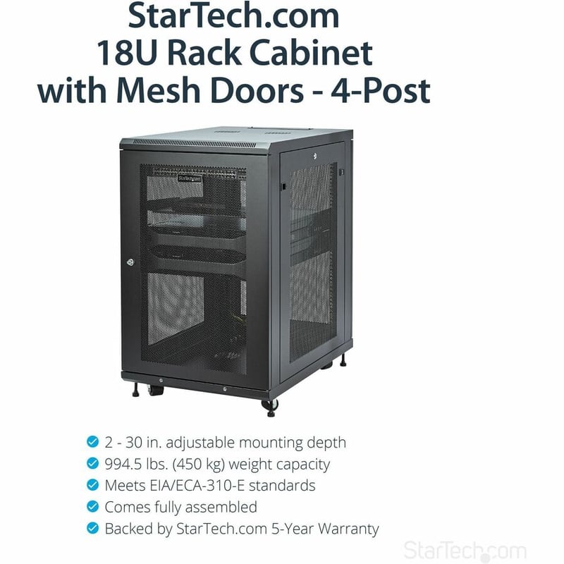 StarTech.com 18U 19" Server Rack Cabinet 4 Post Adjustable Depth 2-30" w/Casters/Cable Management/1U Shelf, Locking Doors and Side Panels - Thumbnail 2