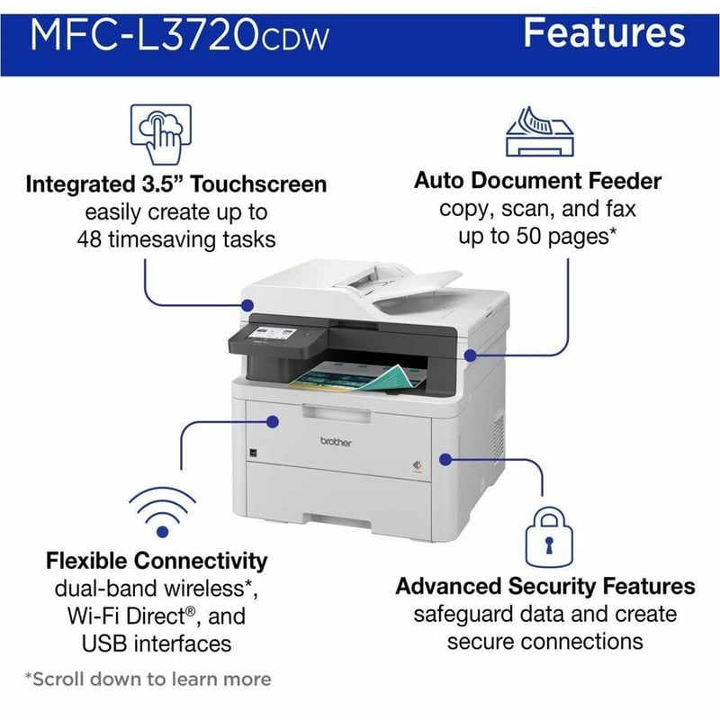 Brother MFC-L3720CDW Wireless Digital Color All-in-One Printer with Laser Quality Output, Copy, Scan and Fax, Duplex and Mobile Printing - Thumbnail 3