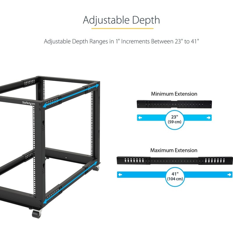 StarTech.com 4-Post 15U Mobile Open Frame Server Rack, 19" Network Rack with Casters, Rolling Rack for Computer/AV/Data/IT Equipment - Thumbnail 2