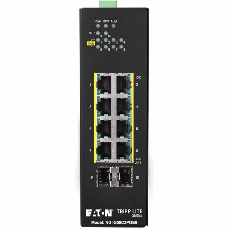 Tripp Lite by Eaton 8-Port Lite Managed Industrial Gigabit Ethernet Switch - 10/100/1000 Mbps, PoE+ 30W, 2 GbE SFP Slots, -10 to 60C, DIN Mount - TAA Compliant - Thumbnail 1