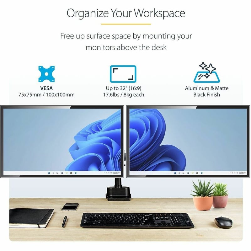 StarTech.com Desk Mount Dual Monitor Arm, Height Adjustable Full Motion Monitor Mount for 2x VESA Displays up to 32" (17.6lb/8kg) - Thumbnail 2