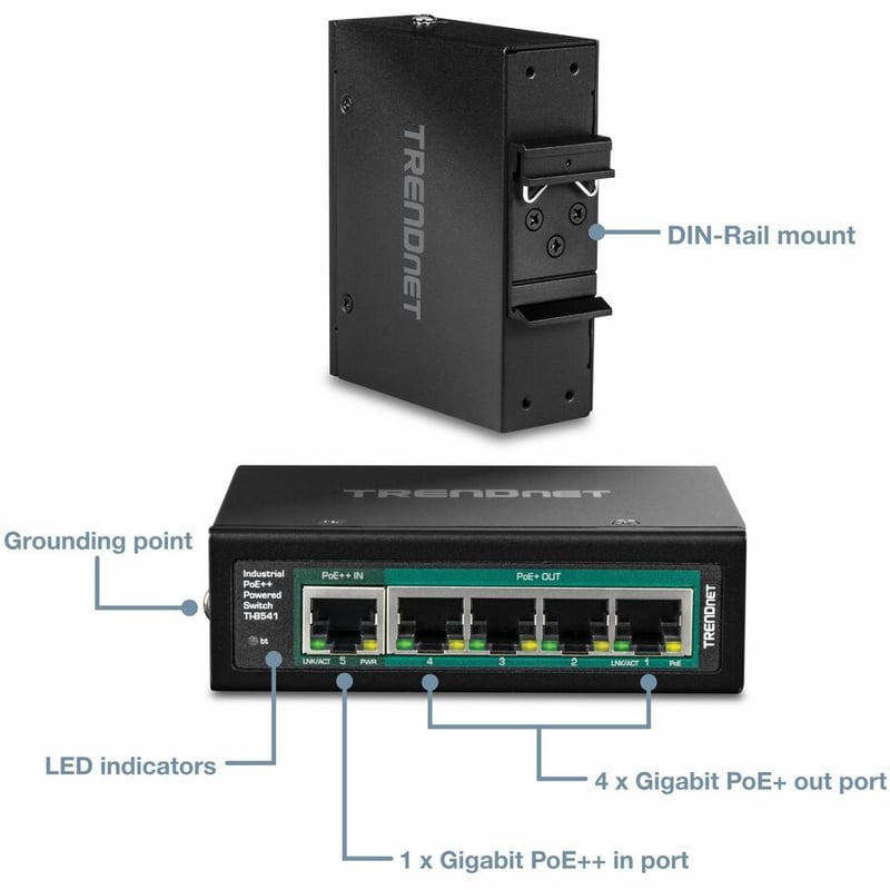 TRENDnet TI-B541, 5-Port Industrial Gigabit PoE++ Powered DIN-Rail Switch with PoE Pass-Through, Lifetime Protection, Black - Thumbnail 4