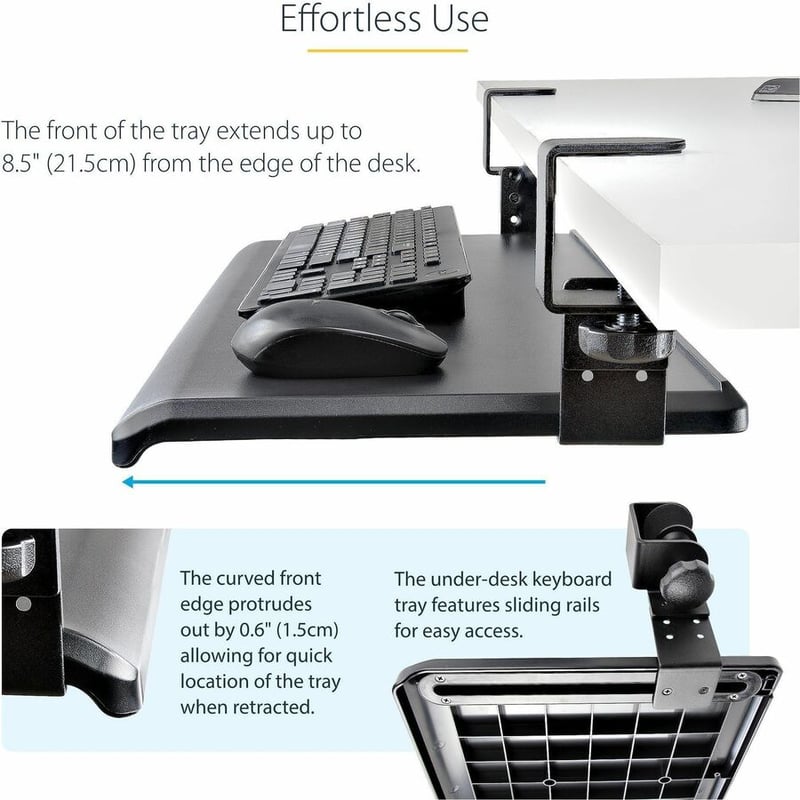 StarTech.com Under Desk Keyboard Tray, Clamp on Keyboard Holder, Up to 12kg/26.5lb, Height Adjustable, Ergonomic Sliding Keyboard Drawer - Thumbnail 4