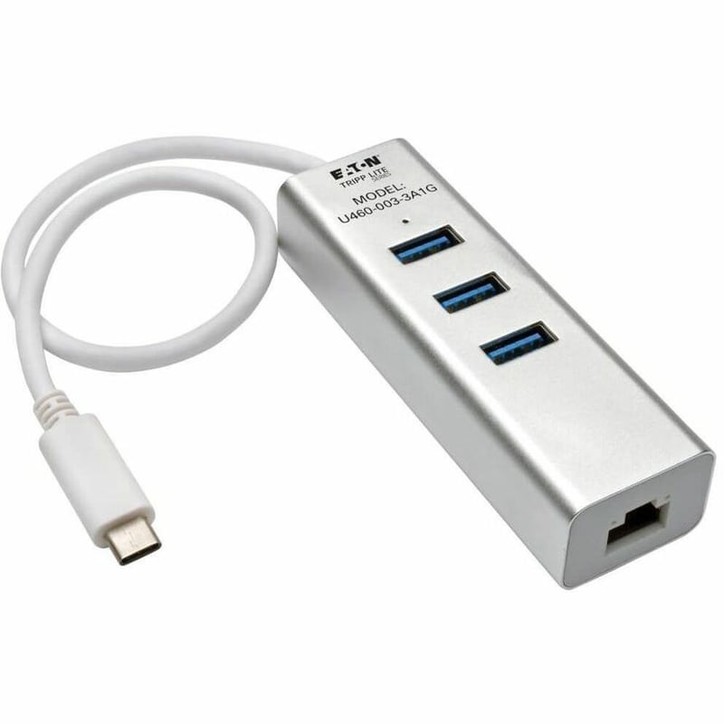 Tripp Lite by Eaton 3-Port USB 3.x (5Gbps) Hub with LAN Port USB-C to 3x USB-A Ports and Gigabit Ethernet Silver - Thumbnail 1