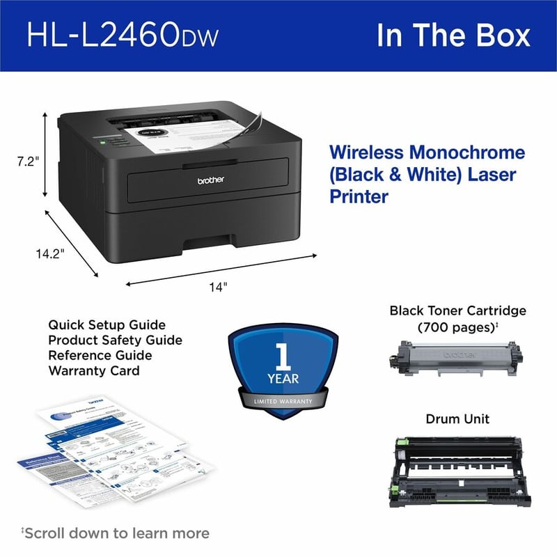 Brother Wireless HL-L2460DW Compact Monochrome Laser Printer, Duplex and Mobile Printing