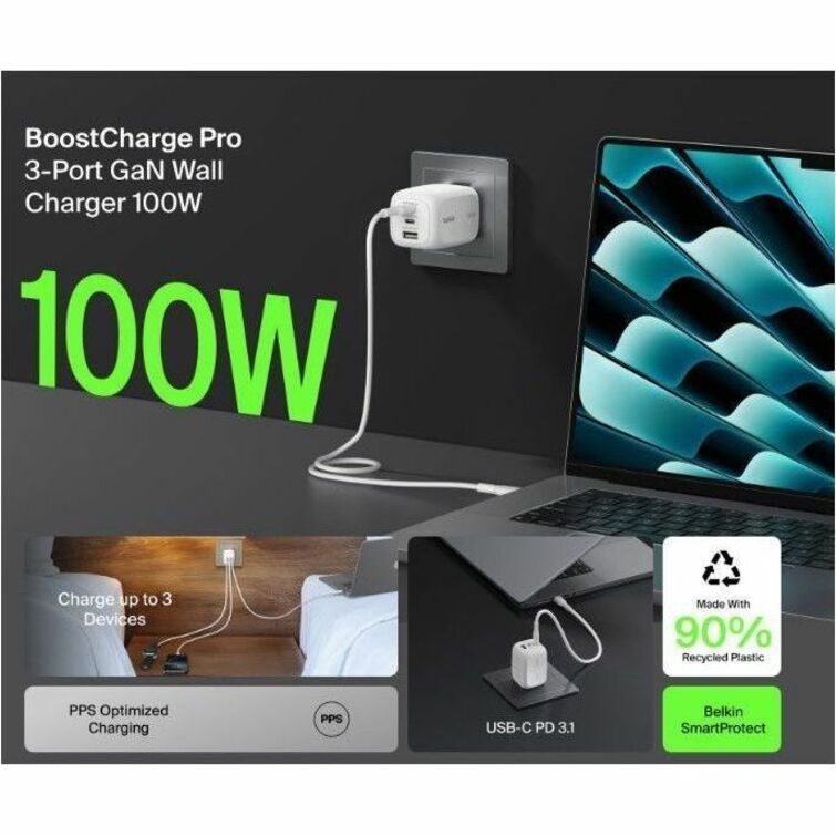 100W 3PORT GAN WALL CHARGER (BUILT-IN US PLUG) - Thumbnail 4