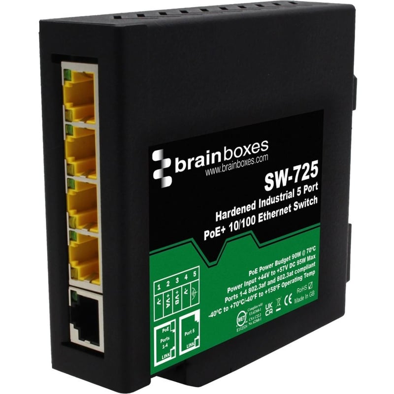 Brainboxes Hardened Industrial 5 Port PoE+ 10/100 Ethernet Switch - Thumbnail 1