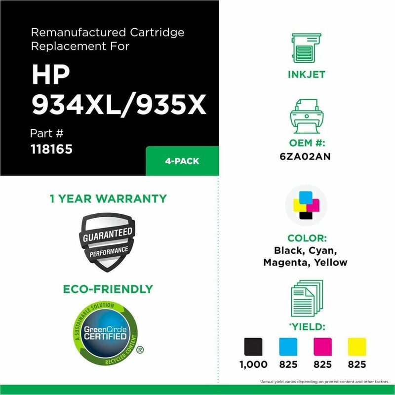 Clover Imaging Remanufactured High Yield Black, Cyan, Magenta, Yellow Ink Cartridges for HP 934XL/HP 935XL (6ZA02AN) 4-Pack - Thumbnail 3