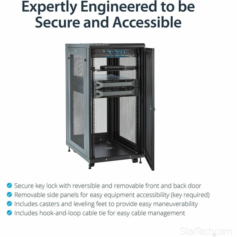 StarTech.com 24U 19" Server Rack Cabinet 4 Post Adjustable Depth 2-30" w/Casters/Cable Management/1U Shelf, Locking Doors and Side Panels - Thumbnail 3