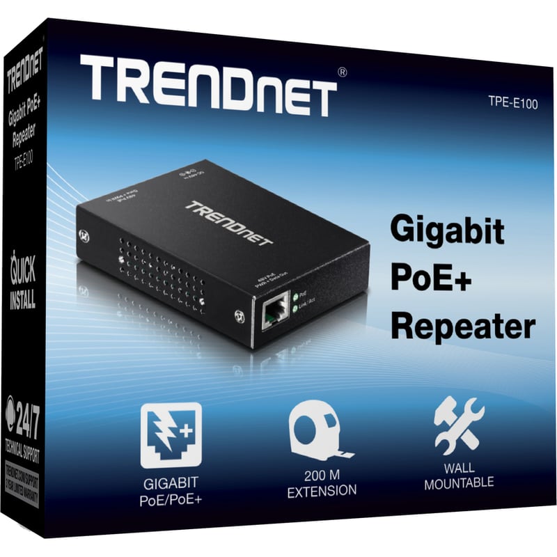 TRENDnet Gigabit PoE+ Repeater/Amplifier, 1 x Gigabit PoE+ In Port, 1 x Gigabit PoE Out Port, Extends 100m For Total Distance Up To 200m (656 ft), Supports PoE(15.4W) & PoE+(30W), Black, TPE-E100 - Thumbnail 5