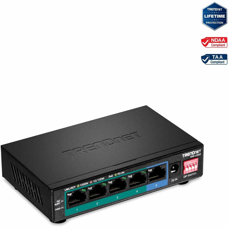 TRENDnet 5-Port Gigabit Long Range PoE+ Switch, 4 x Gigabit PoE+ Ports, 1 x Gigabit Port, 32W PoE Budget, 10Gbps Switching Capacity, Extends PoE+ 200m (656 ft), Lifetime Protection, Black, TPE-LG50 - Thumbnail 1