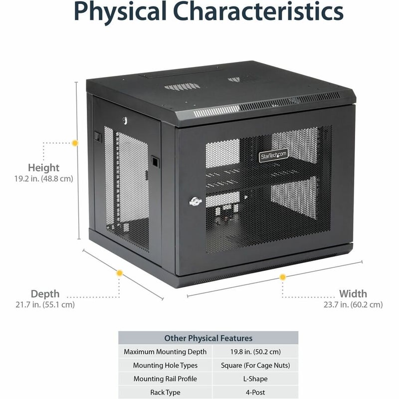 StarTech.com 4-Post 9U Wall Mount Network Cabinet, 19" Wall-Mounted Server Rack for Data / Computer Equipment, Small IT Rack Enclosure - Thumbnail 5
