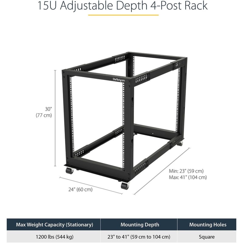 StarTech.com 4-Post 15U Mobile Open Frame Server Rack, 19" Network Rack with Casters, Rolling Rack for Computer/AV/Data/IT Equipment - Thumbnail 3