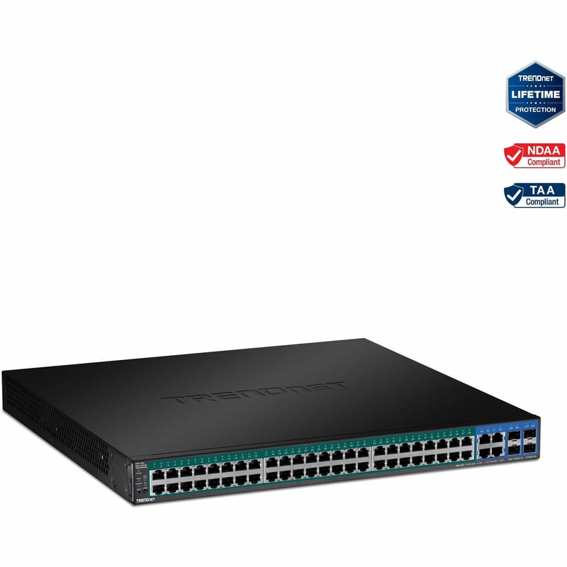 TRENDnet 52-Port Gigabit Web Smart PoE+ Switch, 48 Gigabit PoE+ Ports, 4 Shared Gigabit Ports (RJ-45 Or SFP), 370W PoE Power Budget, 104Gbps Switching Capacity, Lifetime Protection, Black, TPE-5240WS - Thumbnail 1