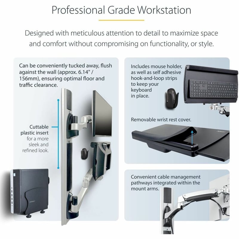 StarTech.com Wall Mount Workstation, VESA Mount 22lb/10kg, Fully Articulating Monitor Mount & Keyboard Tray, Standing Desk w/PC Bracket - Thumbnail 4