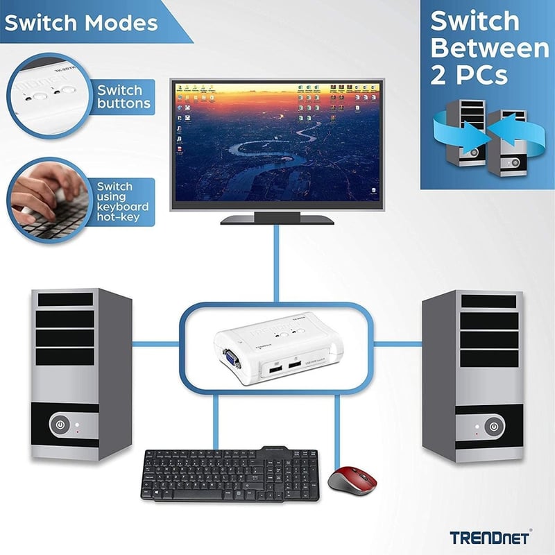TRENDnet 2-Port USB KVM Switch And Cable Kit, 2048 x 1536 Resolution, Device Monitoring, Auto-Scan, Audible Feedback, USB 1.1, Compliant With Windows And Linux, Hot-Pluggable, White, TK-207K - Thumbnail 5