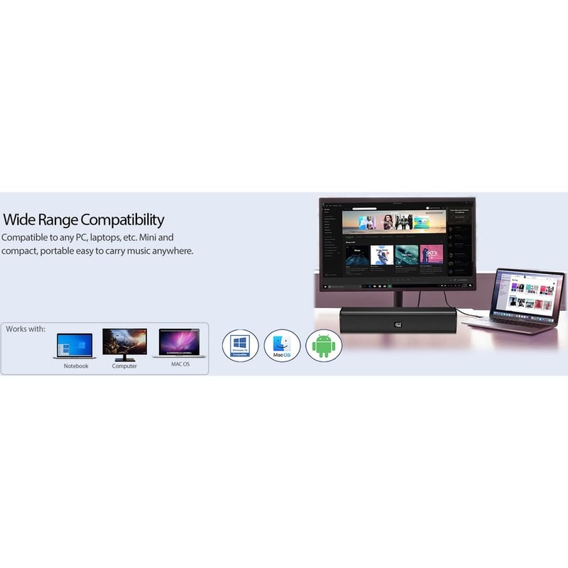 Adesso Xtream S5 USB-Powered Desktop Computer Sound Bar Speaker with Dynamic Sound- 5W x 2 - Portable - Thumbnail 2