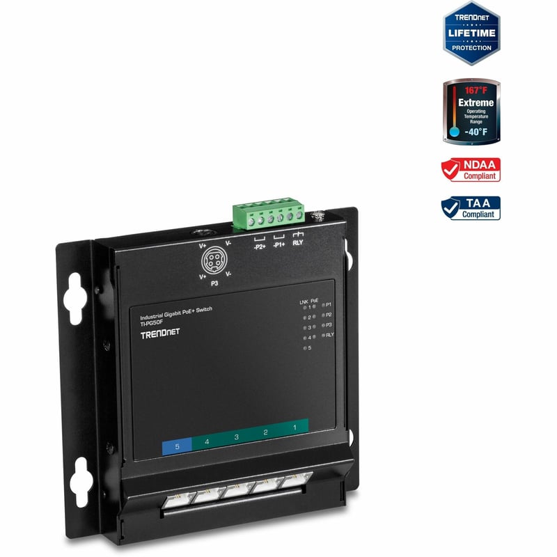 TRENDnet 5-Port Industrial Gigabit Poe+ Wall-Mounted Front Access Switch; 5X Gigabit Poe+ Ports; DIN-Rail Mount; 48 ?57V DC Power Input; IP30; 120W Poe Budget;Lifetime Protection; TI-PG50F - Thumbnail 1