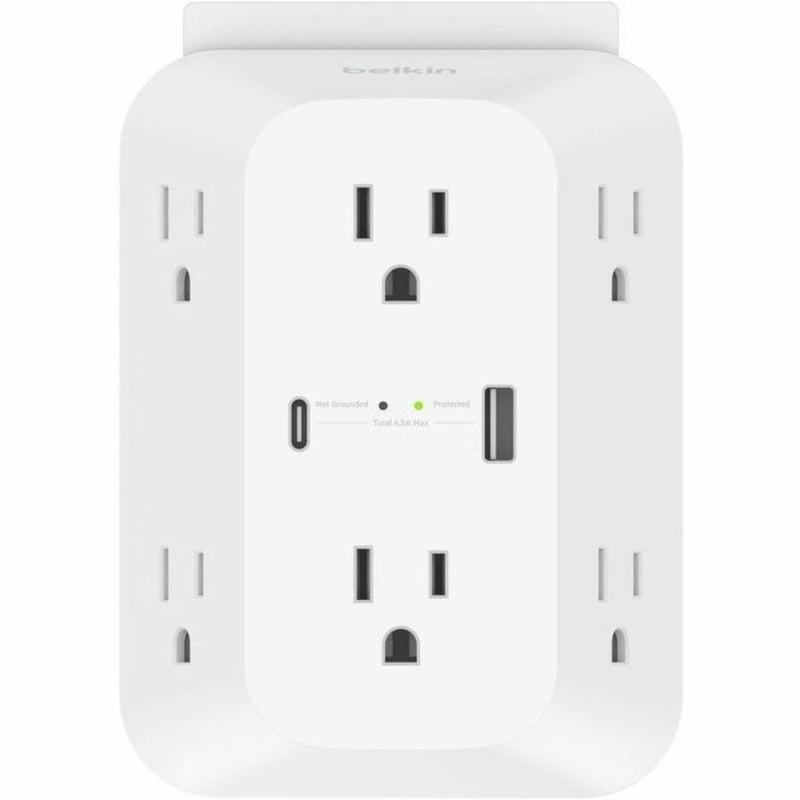Belkin 6-Outlet Surge Protector Power Strip, Wall-Mountable with 6 AC Outlets, Overvoltage Protection, LED Indicator - USB-C Port & USB-A Port w/USB-C PD Fast Charging - 1680 Joules of Protection - Thumbnail 5