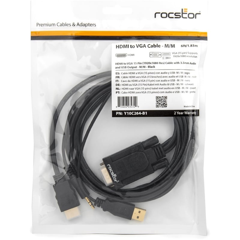 Rocstor Premium 6ft VGA to HDMI Converter Cable with Power and Audio Support M/M - Thumbnail 5